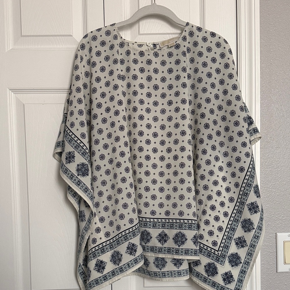 Michael Kors Cream Blouse with Navy Medallion Print